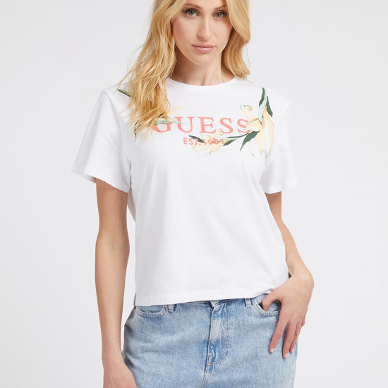 Guess Γυναικεία κοντομάνικη μπλούζα Logo Flowers T-Shirt